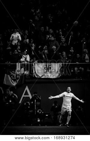 VILLARREAL, SPAIN - JANUARY 8: Sansone celebrates a goal during La Liga soccer match between Villarreal CF and FC Barcelona at Estadio de la Ceramica on January 8, 2016 in Villarreal, Spain