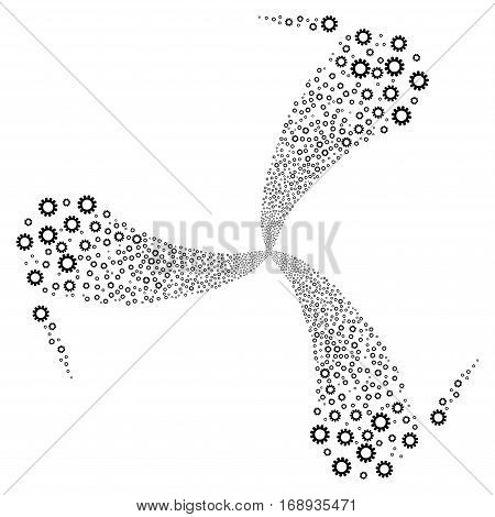 Cog fireworks swirl rotation. Vector illustration style is flat black iconic symbols on a white background. Object whirl constructed from random design elements.