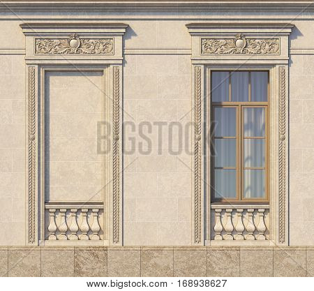 framing of windows in classic style on the stone. 3d rendering.