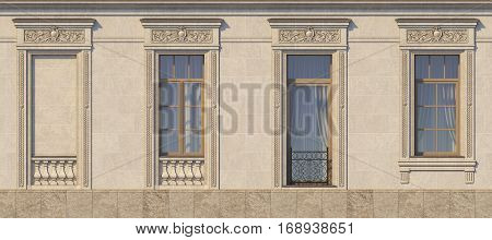 Framing of windows in classic style on the stone with French balcony. 3d rendering.