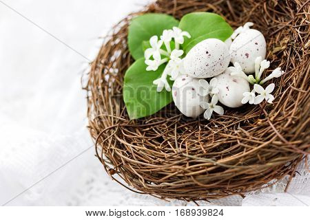 Easter composition - decorative nest with speckled eggs and white lilac flowers