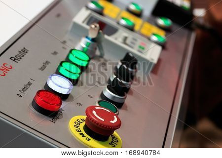 Close up of control panel of CNC router. Selective focus.