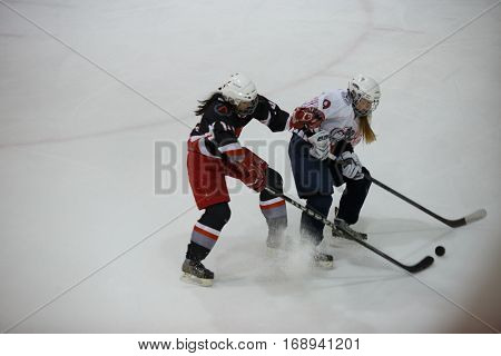 Moscow, Russia - January, 08, 2017: Female amateur hockey league LHL-77. Game between female hockey team 