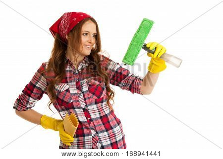 Happy Young Woman Cleaning Windows Isolated Over White Vackground