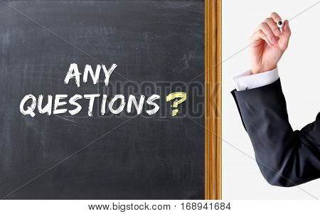 Any question phrase handwritten on blackboard suggesting the end of a lecture or presentation
