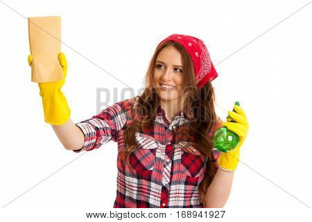 Happy Young Woman Cleaning Windows Isolated Over White Vackground