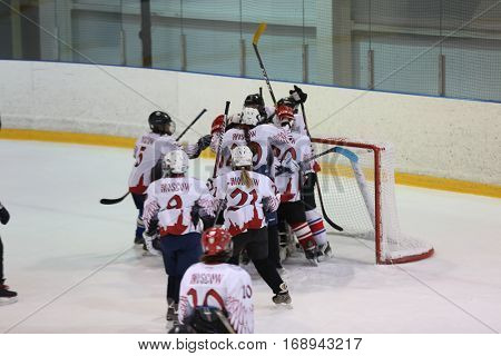 Moscow, Russia - January, 08, 2017: Female amateur hockey league LHL-77. Game between female hockey team 