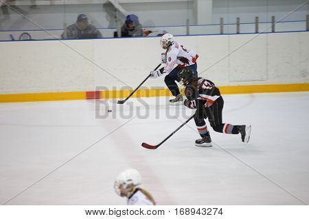 Moscow, Russia - January, 08, 2017: Female amateur hockey league LHL-77. Game between female hockey team 
