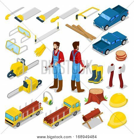 Lumberman Woodcutter with Firewood and Tools Isometric Concept. Vector 3d flat illustration