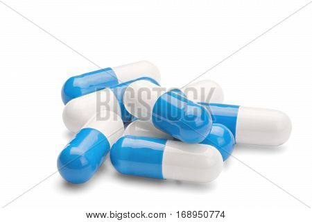 Medicine Blue And White Pills On A Isolated White Background