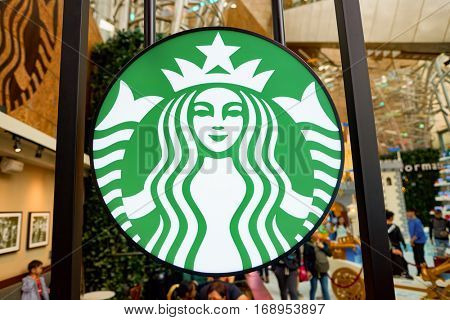 HONG KONG - CIRCA NOVEMBER, 2016: close up shot of Starbucks logo. Starbucks Corporation is an American coffee company and coffeehouse chain.