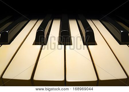 Keys of old piano, cozy place, fisheye