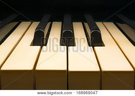 Keys of old piano, cozy place, direct view