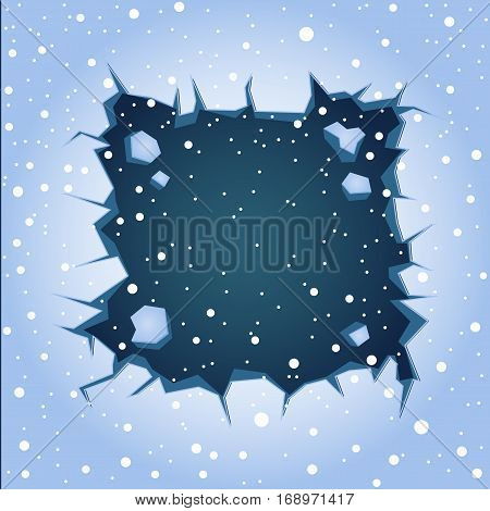 Big rectangular blue ice crack on lake or river and falling large snow. Winter theme graphic vector clipart