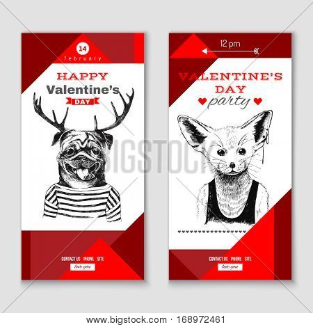 Valentines Day vertical banners with animals hipsters