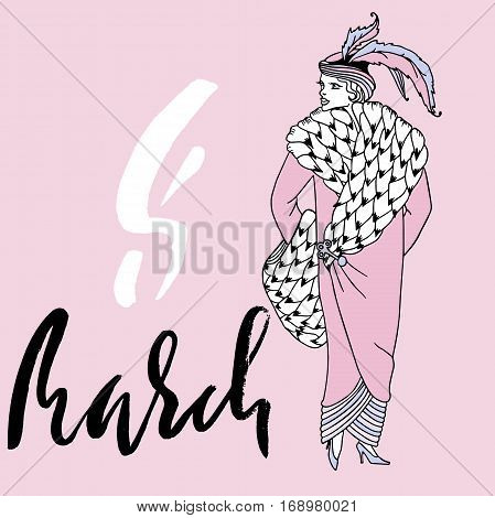 Retro party invitation card. Vintage style. 8 March. Vector illustration