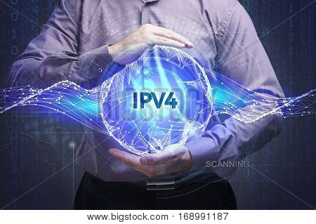Business, Technology, Internet And Network Concept. Young Businessman Shows The Word: Ipv4