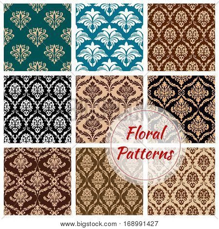 Flowery and floral ornate patterns set. Seamless Damask flower ornaments and baroque flourish tiles or backdrops. Ornamental luxury royal tracery adornment and embellishment motif. Vector design for interior