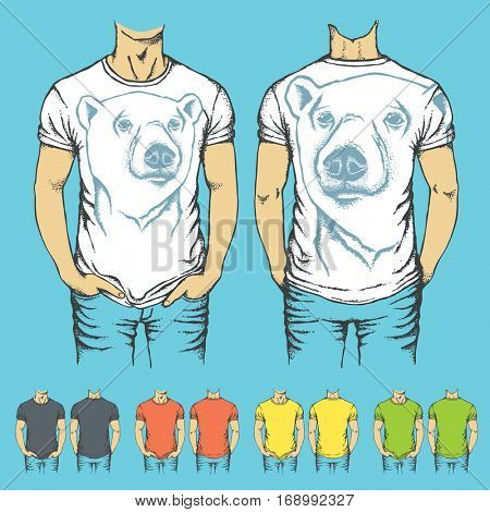Vector t-shirts templates with prints of white polar bear. Top and back side of t-shirts