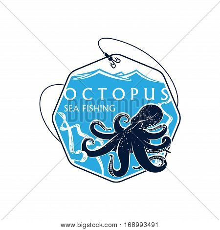 Sea or ocean seafood fishing icon with octopus and seaweed alga. Vector octagonal badge with fish rod, catch on bait hooks and blue waves. Emblem for fishery industry or company, fisherman or fisher trip sport or adventure club