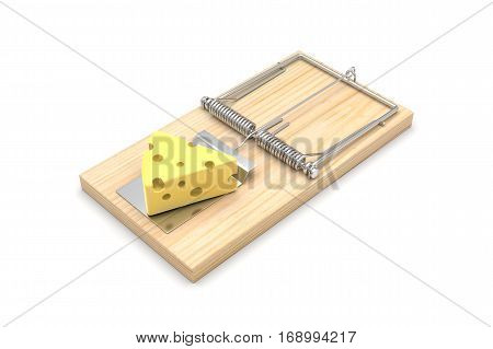 Mousetrap with cheese, isolated on white. 3D illustration
