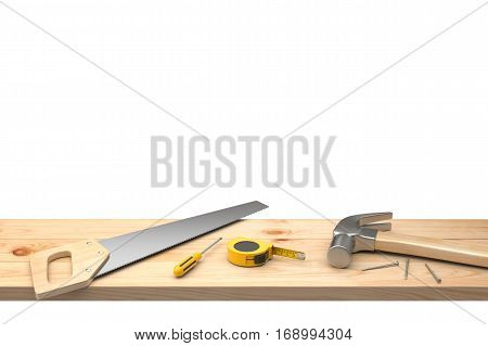 Hammer, nails, saw, screwdriver and neasuring Tape on wood table. 3D illustration