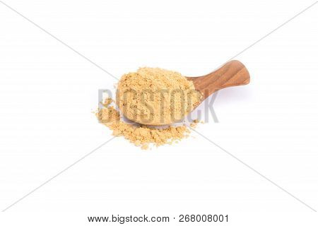 Artocarpus Lacucha Or Monkey Jack  Powder On Wooden Spoon Isolated On White Background