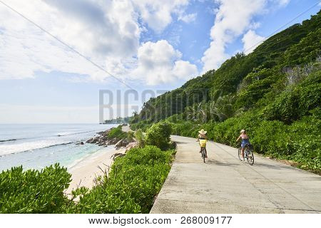 Biking On North Road Digue Island, Seychelles Island
