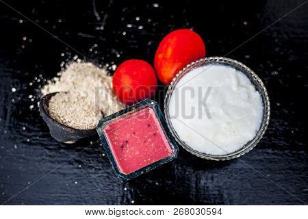 Close Up Of Herbal And Beneficial Face Pack For Skin Whitening I.e. Tomato Puree With Yogurt And Oat