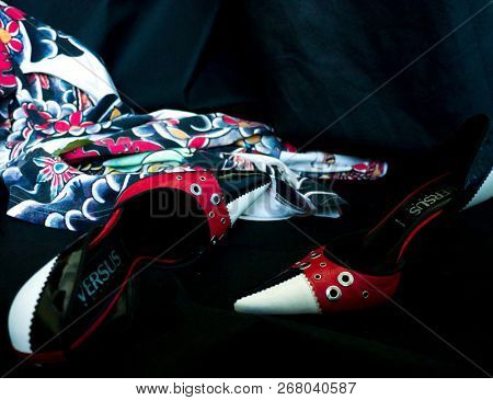 GOMEL, BELARUS - AUGUST 16, 2018: Versus (Versace) women's shoes. Versus (Versace) is the diffusion line of Italian luxury fashion house Versace.