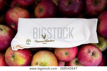 GOMEL, BELARUS - October 21, 2018: Giovanni Valentino socks. Giovanni Valentino is a manufacturer of cutting edge leather goods, primarily handbags.