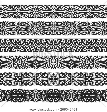 Vector Set Of Black Seamless Borders, 6 Decorative Repeat Ribbons Of Oriental Style, Design Elements