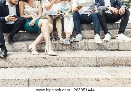 Meeting Of Young People, Team Of Businessmen In Nature. Lifestyle, Young Entrepreneurs
