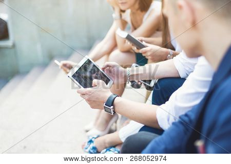 Meeting Of Young People, Team Of Businessmen At Street. Lifestyle, Young Entrepreneurs