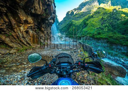 Rider At Waterfall In Darma Valley In Himalayas - Uttarakhand
