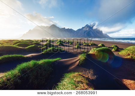 Fantastic West Of The Mountains And Volcanic Lava Sand Dunes On The Beach Stokksness, Iceland. Color
