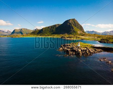 Scenic Seascape With Lighthouse At Hovsund Fishing Port, Gimsoya Lofoten Islands In Norway