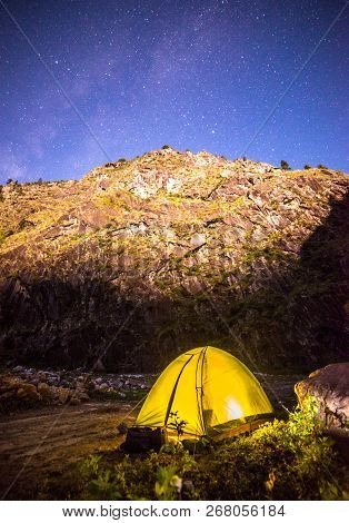 Camping Tent Under Milkyway Darma Valley In Himalayas - Uttarakhand