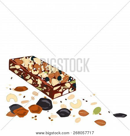 Superfood Breakfast Bar With Oats And Dried Fruits, Above View On White Background