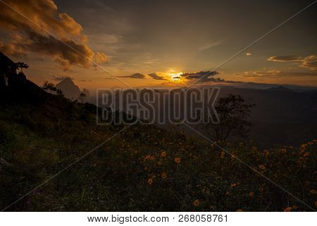 Phou Khoun Dramatic Sky. Sun Ray Shining Over Mountain. View Point On Laos Luang Prabang Sky Road.