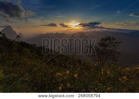 Phou Khoun Dramatic Sky. Sun Ray Shining Over Mountain. View Point On Laos Luang Prabang Sky Road.