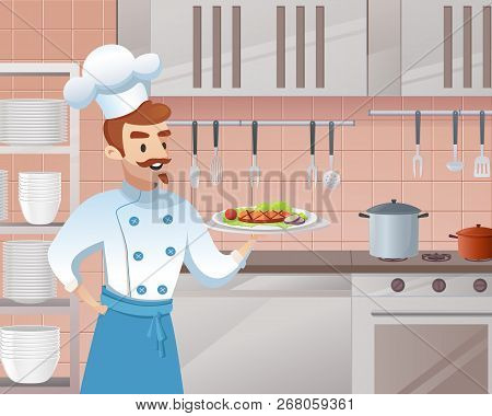 Concept Illustration Of The Restaurant Business. Vector Illustration Of A Cartoon Character Shef Coo