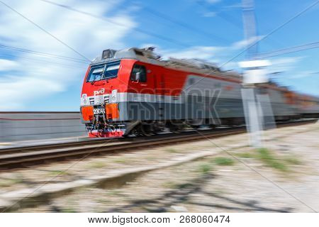 Russia, Krasnodar Krai, Gizele-dere Village,  August 10, 2018: Locomotive Of The Passenger Train Is 