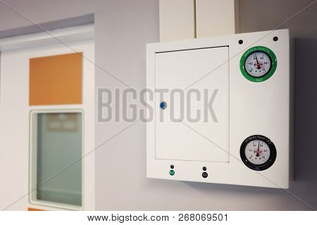 Medical gas systems in modern hospital, text translation - nitrous oxide, carbon dioxide