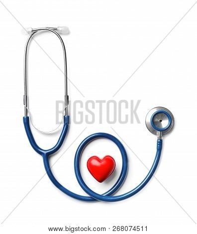 Stethoscope For Checking Pulse And Red Heart On White Background, Top View