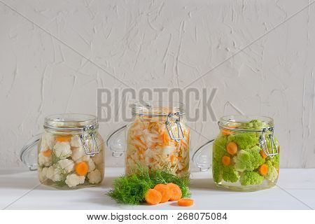 Home Made Cultured Vegetables In Jars Fermenting To Be Used As A Probiotic Food. Canned Food Concept