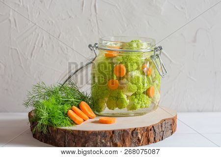 Home Made Cultured Vegetables In Jars Fermenting To Be Used As A Probiotic Food. Canned Food Concept