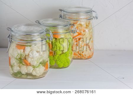 Home Made Cultured Vegetables In Jars Fermenting To Be Used As A Probiotic Food. Canned Food Concept