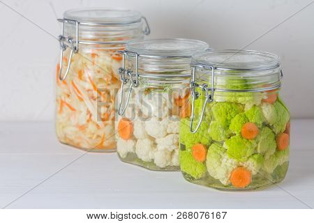 Home Made Cultured Vegetables In Jars Fermenting To Be Used As A Probiotic Food. Canned Food Concept