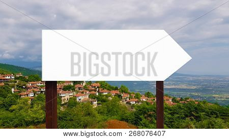 Large Outdoor Blank Mock Up Banner Sign With Metal Frame In Nature With Amazing View Of Old Greek Vi